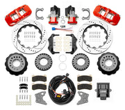 Wilwood AERO4 rear brake kit, Big Ford new-style 2.50-inch offset, 14-inch SRP rotors: Parts layout with two red service calipers, two motor-driven parking calipers, drilled & slotted rotor assemblies, mounting plates, pads, coiled harness, controller and fasteners.