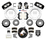Wilwood AERO4 rear brake kit, Big Ford new-style 2.50-inch offset, 14-inch GT rotors: Parts layout with two black service calipers, two motor-driven parking calipers, gt slotted rotor assemblies, mounting plates, pads, coiled harness, controller and fasteners.