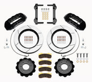 Wilwood TX6R front brake kit, F-150 SVT Raptor 2010–2014, 15.5-inch GT rotors: Parts layout with two black TX6R calipers, gt slotted rotor rings, separate black hats, pads, brackets and fasteners.