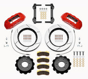 Wilwood TX6R front brake kit, F-150 Raptor 2017–2020, 15.5-inch GT rotors: Parts layout with two red TX6R calipers, gt slotted rotor rings, separate black hats, pads, brackets and fasteners.