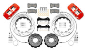 Wilwood AERO6-DS front brake kit, Wrangler JL / Gladiator, 14-inch SRP rotors: Parts layout with two red AERO6-DS calipers, drilled & slotted rotor rings, separate black hats, pads, brackets and fasteners, with curved flexlines visible.