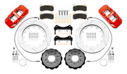 Wilwood AERO6-DS front brake kit, Wrangler JL / Gladiator, 14-inch GT rotors: Parts layout with two red AERO6-DS calipers, gt slotted rotor rings, separate black hats, pads, brackets and fasteners, with curved flexlines visible.