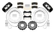 Wilwood AERO6-DS front brake kit, Wrangler JL / Gladiator, 14-inch GT rotors: Parts layout with two black AERO6-DS calipers, gt slotted rotor rings, separate black hats, pads, brackets and fasteners, with curved flexlines visible.