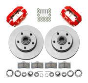 Wilwood Dynalite-M front brake kit, GM AFX ProSpindles, 11-inch plain rotors: Parts layout with two red Dynalite-M calipers, two plain integral rotor/hubs, pads, bearings, seals, wheel hardware and fasteners.