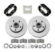 Wilwood Dynalite-M front brake kit, GM AFX ProSpindles, 11-inch plain rotors: Parts layout with two black Dynalite-M calipers, two plain integral rotor/hubs, pads, bearings, seals, wheel hardware and fasteners.