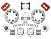 Wilwood Dynapro Radial front brake kit, GM AFX ProSpindles, 11.75-inch SRP rotors: Parts layout with two red Dynapro Radial calipers, drilled & slotted rotors, separate hubs, rotor adapters, pads, bearings and mounting hardware.