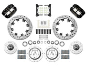 Wilwood Dynapro Radial front brake kit, GM AFX ProSpindles, 11.75-inch SRP rotors: Parts layout with two black Dynapro Radial calipers, drilled & slotted rotors, separate hubs, rotor adapters, pads, bearings and mounting hardware.