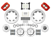 Wilwood Dynapro Radial front brake kit, GM AFX ProSpindles, 11.75-inch plain rotors: Parts layout with two red Dynapro Radial calipers, plain face rotors, separate hubs, rotor adapters, pads, bearings and mounting hardware.
