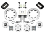 Wilwood Dynapro Radial front brake kit, GM AFX ProSpindles, 11.75-inch plain rotors: Parts layout with two black Dynapro Radial calipers, plain face rotors, separate hubs, rotor adapters, pads, bearings and mounting hardware.