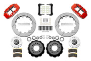 Wilwood Superlite 6R front brake kit, GM AFX ProSpindles, 12.88-inch GT rotors: Parts layout with two red Superlite 6R calipers, gt slotted rotors, separate hubs, black rotor hats, pads, bearings and mounting hardware.