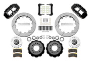 Wilwood Superlite 6R front brake kit, GM AFX ProSpindles, 12.88-inch GT rotors: Parts layout with two black Superlite 6R calipers, gt slotted rotors, separate hubs, black rotor hats, pads, bearings and mounting hardware.