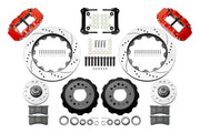 Wilwood Superlite 6R front brake kit, GM AFX ProSpindles, 14-inch SRP rotors: Parts layout with two red Superlite 6R calipers, drilled & slotted rotors, separate hubs, black rotor hats, pads, bearings and mounting hardware.