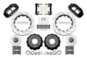 Wilwood Superlite 6R front brake kit, GM AFX ProSpindles, 14-inch SRP rotors: Parts layout with two black Superlite 6R calipers, drilled & slotted rotors, separate hubs, black rotor hats, pads, bearings and mounting hardware.