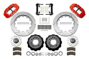 Wilwood Superlite 6R front brake kit, GM AFX ProSpindles, 14-inch GT rotors: Parts layout with two red Superlite 6R calipers, gt slotted rotors, separate hubs, black rotor hats, pads, bearings and mounting hardware.