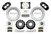 Wilwood Superlite 6R front brake kit, GM AFX ProSpindles, 14-inch GT rotors: Parts layout with two black Superlite 6R calipers, gt slotted rotors, separate hubs, black rotor hats, pads, bearings and mounting hardware.