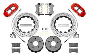 Wilwood Superlite 4R rear brake kit, Wrangler JL, 14-inch SRP rotors: Parts layout with two red Superlite 4R calipers, drilled & slotted rotor rings, separate black hats, pads, brackets and fasteners, with curved flexlines visible.