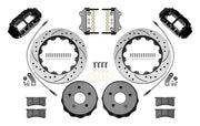 Wilwood Superlite 4R rear brake kit, Wrangler JL, 14-inch SRP rotors: Parts layout with two black Superlite 4R calipers, drilled & slotted rotor rings, separate black hats, pads, brackets and fasteners, with curved flexlines visible.