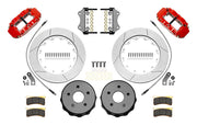 Wilwood Superlite 4R rear brake kit, Wrangler JL, 14-inch GT rotors: Parts layout with two red Superlite 4R calipers, gt slotted rotor rings, separate black hats, pads, brackets and fasteners, with curved flexlines visible.
