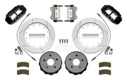 Wilwood Superlite 4R rear brake kit, Wrangler JL, 14-inch GT rotors: Parts layout with two black Superlite 4R calipers, gt slotted rotor rings, separate black hats, pads, brackets and fasteners, with curved flexlines visible.