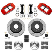 Wilwood Superlite 6R front brake kit, five-lug GM truck/SUV iron ProSpindles, 12.19-inch GT rotors: Parts layout with two red Superlite 6R calipers, gt slotted rotors, separate hubs, black rotor hats, pads, bearings and mounting hardware.