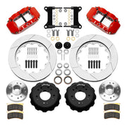 Wilwood Superlite 6R front brake kit, five-lug GM truck/SUV iron ProSpindles, 14-inch GT rotors: Parts layout with two red Superlite 6R calipers, gt slotted rotors, separate hubs, black rotor hats, pads, bearings and mounting hardware.
