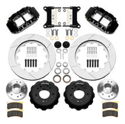 Wilwood Superlite 6R front brake kit, five-lug GM truck/SUV iron ProSpindles, 14-inch GT rotors: Parts layout with two black Superlite 6R calipers, gt slotted rotors, separate hubs, black rotor hats, pads, bearings and mounting hardware.