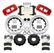 Wilwood AERO6 front brake kit, five-lug GM truck/SUV iron ProSpindles, 14-inch SRP rotors: Parts layout with two red AERO6 calipers, drilled & slotted rotors, separate hubs, black rotor hats, pads, bearings and mounting hardware.