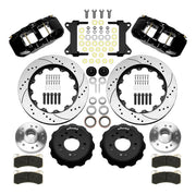Wilwood AERO6 front brake kit, five-lug GM truck/SUV iron ProSpindles, 14-inch SRP rotors: Parts layout with two black AERO6 calipers, drilled & slotted rotors, separate hubs, black rotor hats, pads, bearings and mounting hardware.
