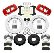 Wilwood AERO6 front brake kit, five-lug GM truck/SUV iron ProSpindles, 14-inch GT rotors: Parts layout with two red AERO6 calipers, gt slotted rotors, separate hubs, black rotor hats, pads, bearings and mounting hardware.