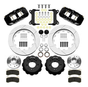 Wilwood AERO6 front brake kit, five-lug GM truck/SUV iron ProSpindles, 14-inch GT rotors: Parts layout with two black AERO6 calipers, gt slotted rotors, separate hubs, black rotor hats, pads, bearings and mounting hardware.