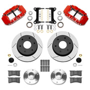 Wilwood Superlite 6R front brake kit, six-lug GM truck/SUV iron ProSpindles, 12.19-inch GT rotors: Parts layout with two red Superlite 6R calipers, gt slotted rotors, separate hubs, black rotor hats, pads, bearings and mounting hardware.