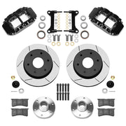 Wilwood Superlite 6R front brake kit, six-lug GM truck/SUV iron ProSpindles, 12.19-inch GT rotors: Parts layout with two black Superlite 6R calipers, gt slotted rotors, separate hubs, black rotor hats, pads, bearings and mounting hardware.