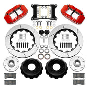 Wilwood Superlite 6R front brake kit, six-lug GM truck/SUV iron ProSpindles, 14-inch GT rotors: Parts layout with two red Superlite 6R calipers, gt slotted rotors, separate hubs, black rotor hats, pads, bearings and mounting hardware.