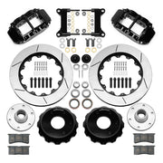 Wilwood Superlite 6R front brake kit, six-lug GM truck/SUV iron ProSpindles, 14-inch GT rotors: Parts layout with two black Superlite 6R calipers, gt slotted rotors, separate hubs, black rotor hats, pads, bearings and mounting hardware.