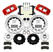 Wilwood AERO6 front brake kit, six-lug GM truck/SUV iron ProSpindles, 14-inch SRP rotors: Parts layout with two red AERO6 calipers, drilled & slotted rotors, separate hubs, black rotor hats, pads, bearings and mounting hardware.