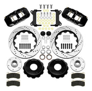 Wilwood AERO6 front brake kit, six-lug GM truck/SUV iron ProSpindles, 14-inch SRP rotors: Parts layout with two black AERO6 calipers, drilled & slotted rotors, separate hubs, black rotor hats, pads, bearings and mounting hardware.