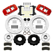 Wilwood AERO6 front brake kit, six-lug GM truck/SUV iron ProSpindles, 14-inch GT rotors: Parts layout with two red AERO6 calipers, gt slotted rotors, separate hubs, black rotor hats, pads, bearings and mounting hardware.