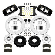 Wilwood AERO6 front brake kit, six-lug GM truck/SUV iron ProSpindles, 14-inch GT rotors: Parts layout with two black AERO6 calipers, gt slotted rotors, separate hubs, black rotor hats, pads, bearings and mounting hardware.