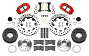 Wilwood Superlite 6R front brake kit, later GM truck/van/SUV iron ProSpindles, 12.19-inch SRP rotors: Parts layout with two red Superlite 6R calipers, drilled & slotted rotors, separate hubs, black rotor hats, pads, bearings and mounting hardware.