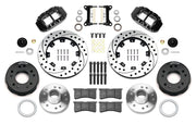 Wilwood Superlite 6R front brake kit, later GM truck/van/SUV iron ProSpindles, 12.19-inch SRP rotors: Parts layout with two black Superlite 6R calipers, drilled & slotted rotors, separate hubs, black rotor hats, pads, bearings and mounting hardware.