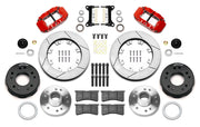 Wilwood Superlite 6R front brake kit, later GM truck/van/SUV iron ProSpindles, 12.19-inch GT rotors: Parts layout with two red Superlite 6R calipers, gt slotted rotors, separate hubs, black rotor hats, pads, bearings and mounting hardware.
