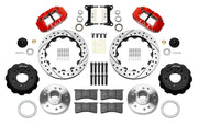 Wilwood Superlite 6R front brake kit, later GM truck/van/SUV iron ProSpindles, 13.06-inch SRP rotors: Parts layout with two red Superlite 6R calipers, drilled & slotted rotors, separate hubs, black rotor hats, pads, bearings and mounting hardware.