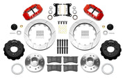 Wilwood Superlite 6R front brake kit, later GM truck/van/SUV iron ProSpindles, 13.06-inch GT rotors: Parts layout with two red Superlite 6R calipers, gt slotted rotors, separate hubs, black rotor hats, pads, bearings and mounting hardware.