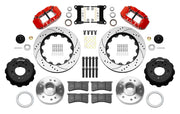 Wilwood Superlite 6R front brake kit, later GM truck/van/SUV iron ProSpindles, 14-inch SRP rotors: Parts layout with two red Superlite 6R calipers, drilled & slotted rotors, separate hubs, black rotor hats, pads, bearings and mounting hardware.