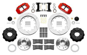 Wilwood Superlite 6R front brake kit, later GM truck/van/SUV iron ProSpindles, 14-inch GT rotors: Parts layout with two red Superlite 6R calipers, gt slotted rotors, separate hubs, black rotor hats, pads, bearings and mounting hardware.