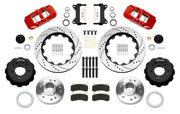 Wilwood AERO6 front brake kit, later GM truck/van/SUV iron ProSpindles, 14-inch SRP rotors: Parts layout with two red AERO6 calipers, drilled & slotted rotors, separate hubs, black rotor hats, pads, bearings and mounting hardware.