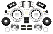 Wilwood AERO6 front brake kit, later GM truck/van/SUV iron ProSpindles, 14-inch SRP rotors: Parts layout with two black AERO6 calipers, drilled & slotted rotors, separate hubs, black rotor hats, pads, bearings and mounting hardware.