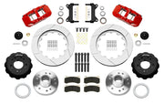 Wilwood AERO6 front brake kit, later GM truck/van/SUV iron ProSpindles, 14-inch GT rotors: Parts layout with two red AERO6 calipers, gt slotted rotors, separate hubs, black rotor hats, pads, bearings and mounting hardware.