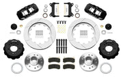 Wilwood AERO6 front brake kit, later GM truck/van/SUV iron ProSpindles, 14-inch GT rotors: Parts layout with two black AERO6 calipers, gt slotted rotors, separate hubs, black rotor hats, pads, bearings and mounting hardware.