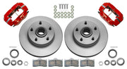 Wilwood Dynalite-M front brake kit, GM second-generation AFX ProSpindles, 11-inch plain rotors: Parts layout with two red Dynalite-M calipers, two plain integral rotor/hubs, pads, bearings, seals, wheel hardware and fasteners.